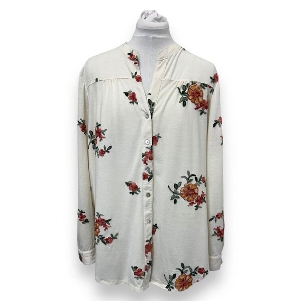 Hope Springs Women’s Button-Up Shirt Blouse Floral Embroidered Cream XXL